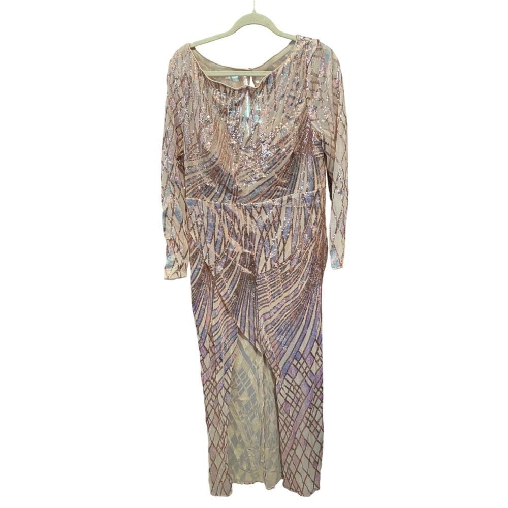 MISS ORD 2XL Sequined Glamorous Long Sleeve Maxi Dress with Slit